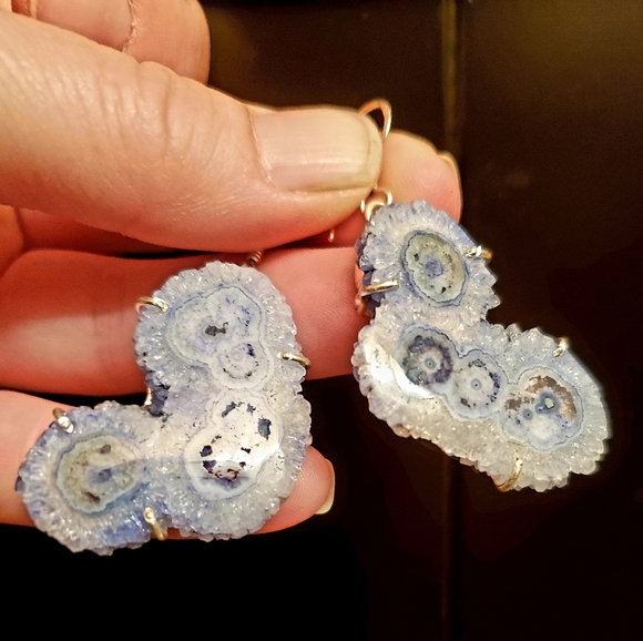 New Oversized Blue Solar Quartz Agate Silver Earrings. - Picture 3 of 14